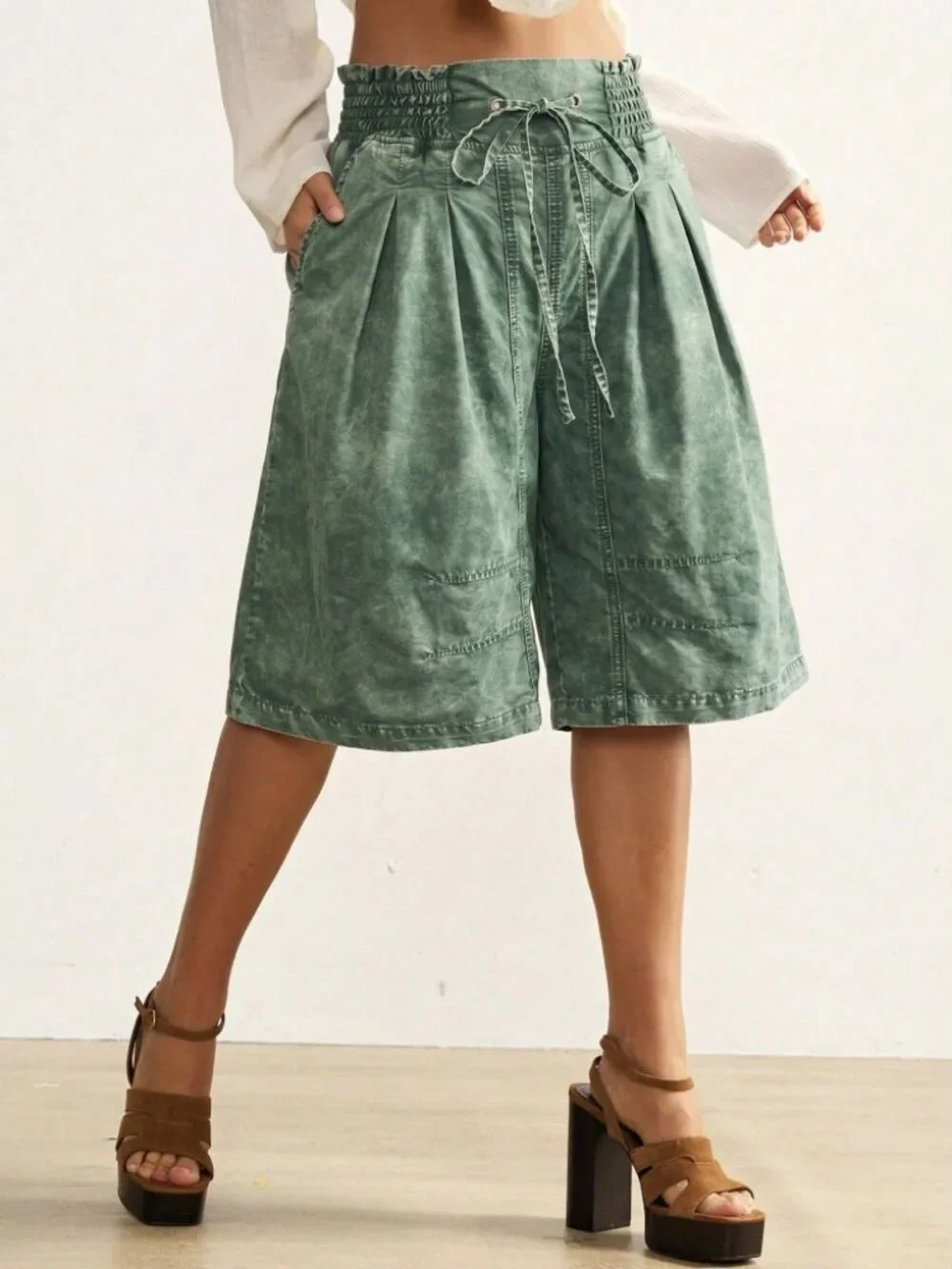Sage Green Mineral Wash Bermuda Shorts with Drawstring Waist